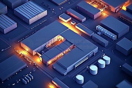 工厂3d渲染科技感工业区俯视图深蓝橙色建筑设备